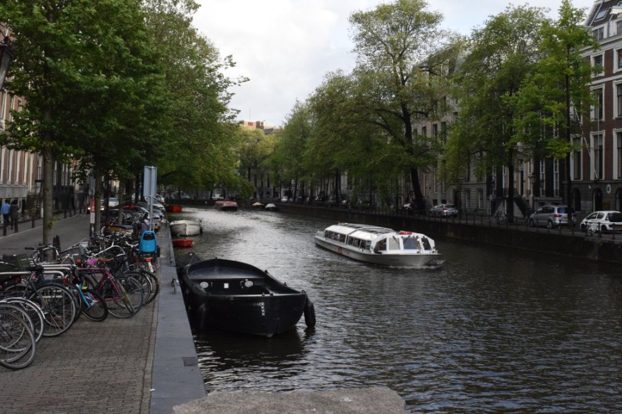 A tree-lined Amsterdam canal with bikes parked along the edge and a glass-roofed tour boat coming past