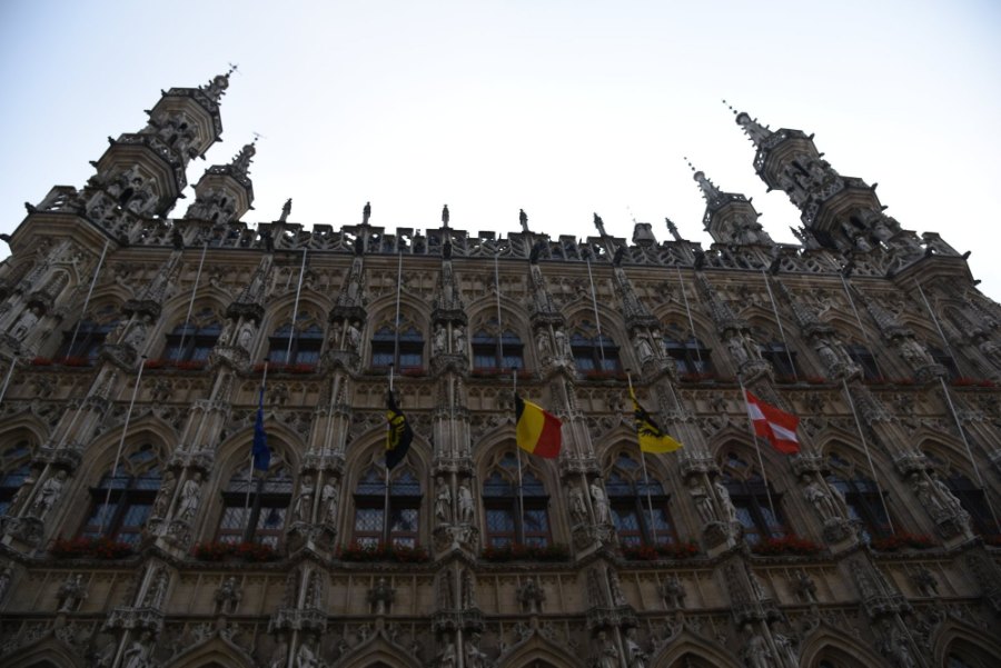 The Gothic front of Leuven's Town Hall, crowded with statues and turrets, with flags at the windows