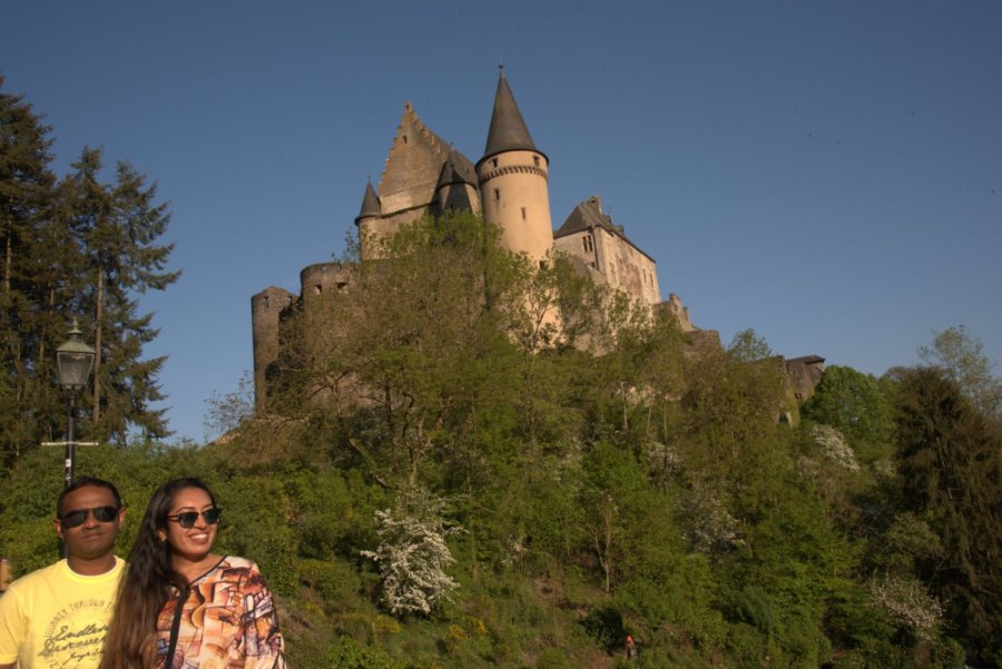 Praddy and Meenu in sunglasses below Vianden Castle