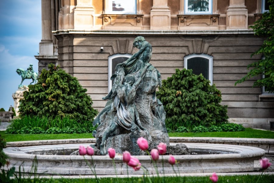 A bronze fountain sculpture with pink tulips in front, below a wing of Buda Castle