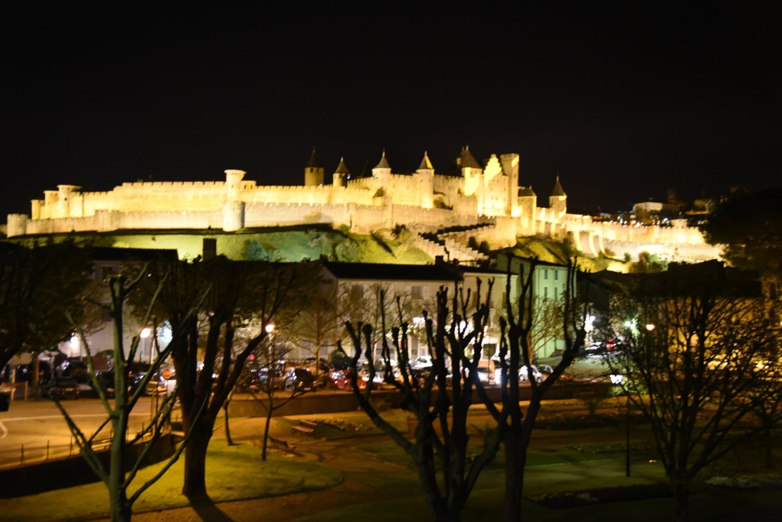 Carcassonne's walled Cité floodlit gold along its hilltop at night, above bare trees and a road