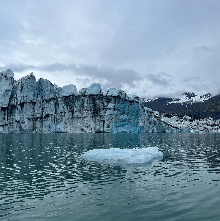 The glacier's face rising straight from the lagoon, with a slab of ice floating in front