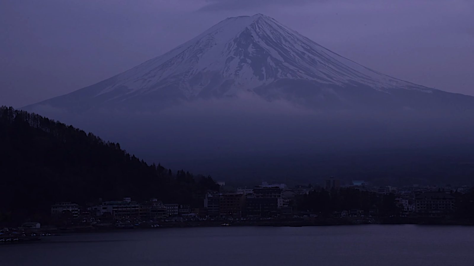 Mount Fuji at dusk across Lake Kawaguchi, seen from Kukuna