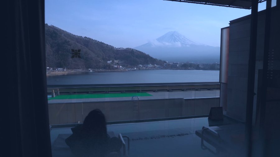 Looking out from our room at Kukuna across Lake Kawaguchi to Mount Fuji