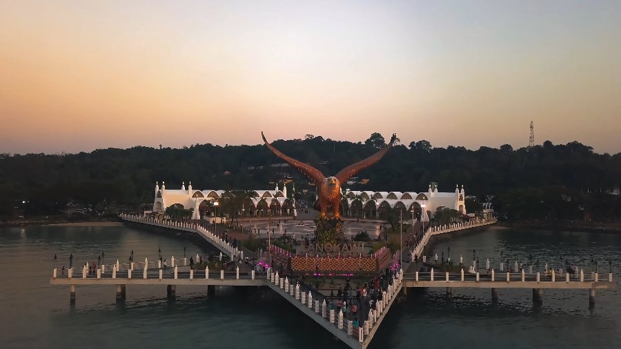 Eagle Square at sunset, its giant eagle spreading its wings over the star-shaped pier