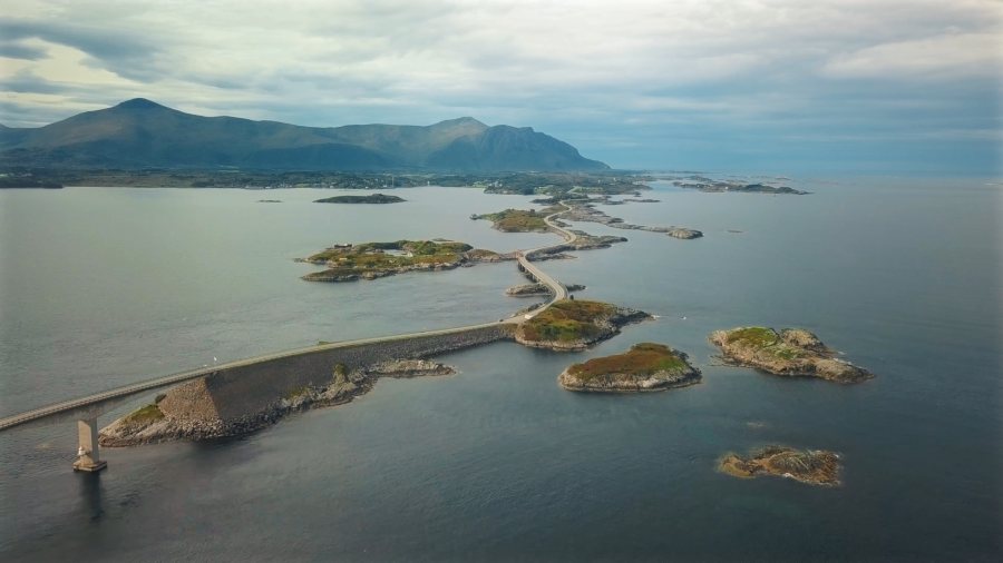 The Atlantic Ocean Road hopping between small islands on a chain of bridges