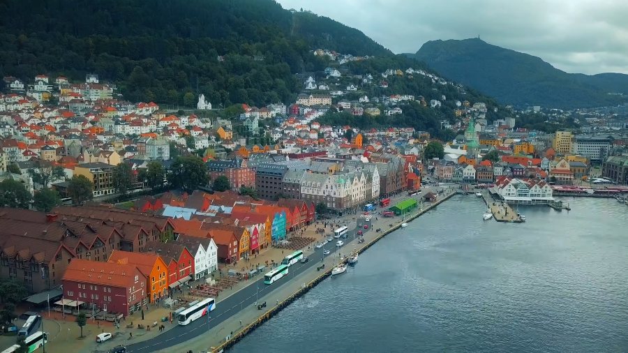 Drone view of Bryggen's wharf houses along Bergen's harbour
