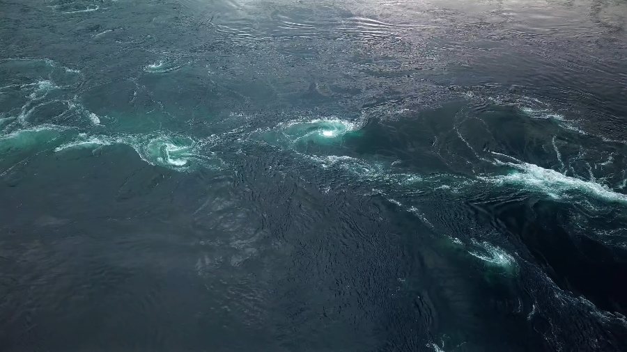 Whirlpools turning in the current at Saltstraumen, seen from above