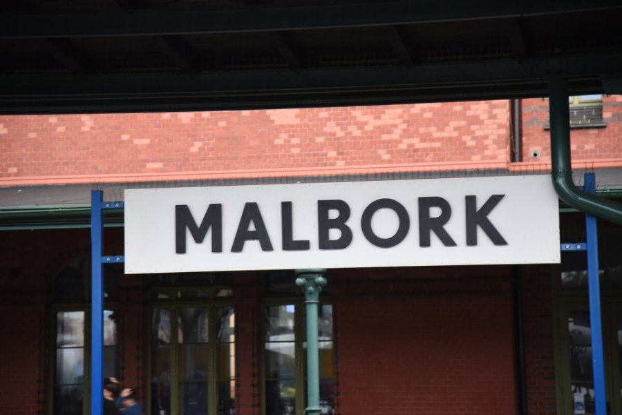 The MALBORK sign at the railway station