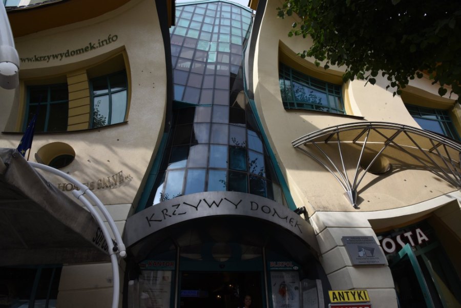 The Krzywy Domek, Sopot's Crooked House, its walls and windows bent out of shape