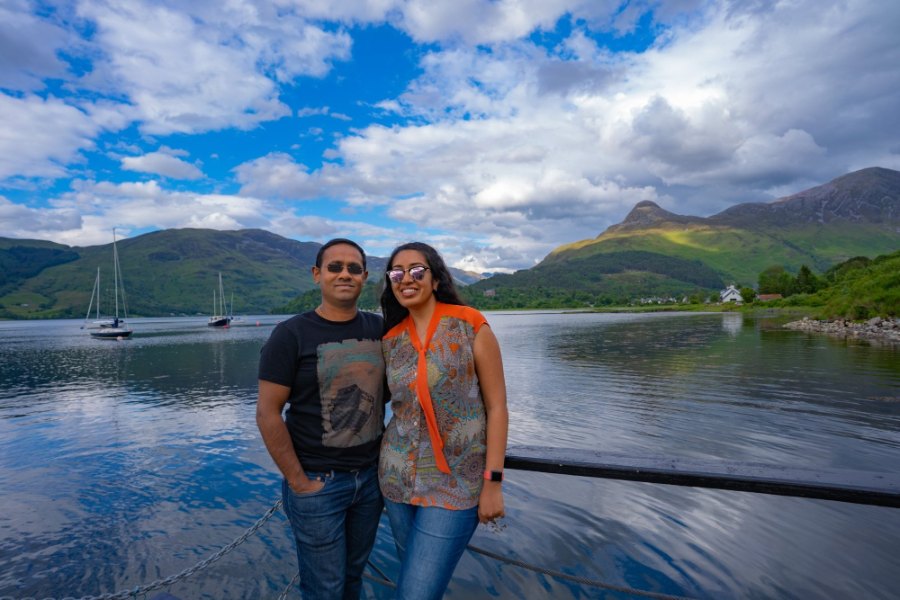 Praddy and Meenu by Loch Leven, with yachts on their moorings and the Pap of Glencoe behind