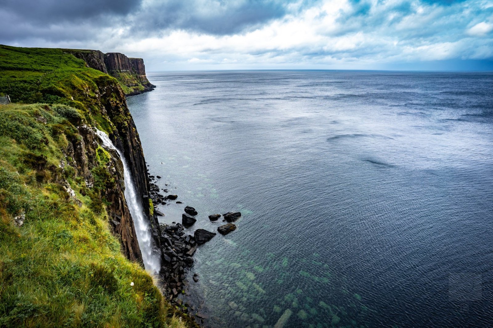 The Mealt Falls dropping off a green cliff straight into the sea, with the cliffs of Kilt Rock beyond