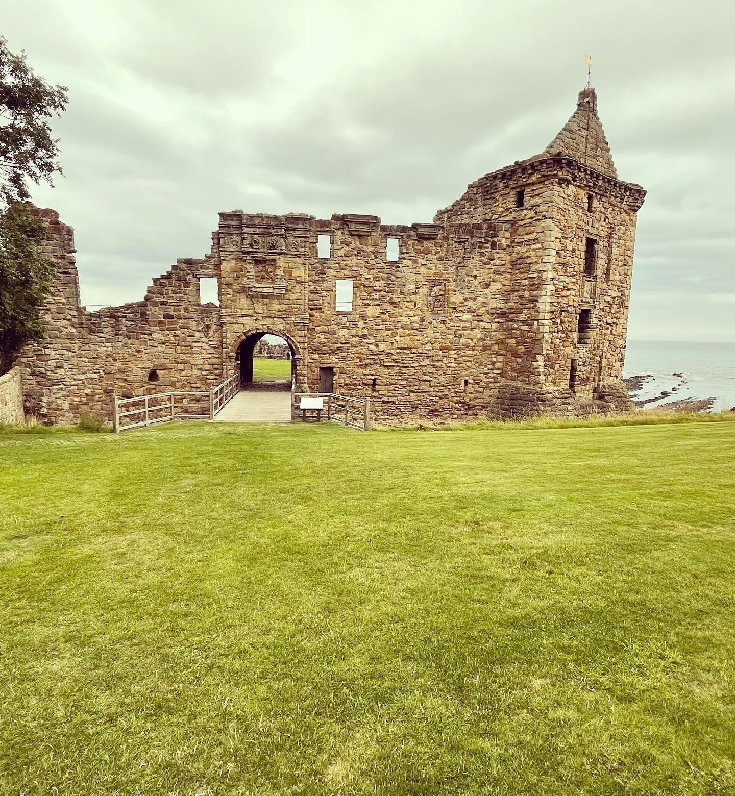 The ruined walls of St Andrews Castle above a green lawn