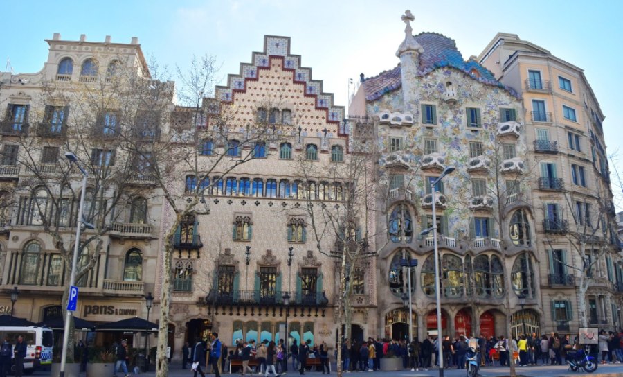 The stepped gable of Casa Amatller beside Gaudí's Casa Batlló on Passeig de Gràcia