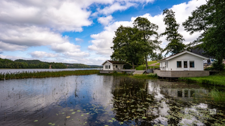 The lake under big white clouds, with reeds in the shallows and a white house among the trees