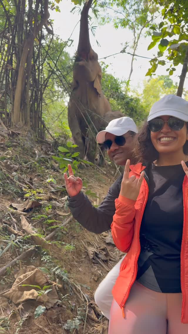 The two of us on the jungle walk at MandaLao, with an elephant reaching into the trees behind us