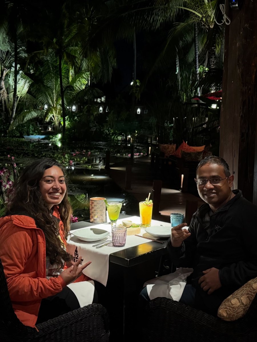 The two of us at dinner among the plants at Manda de Laos