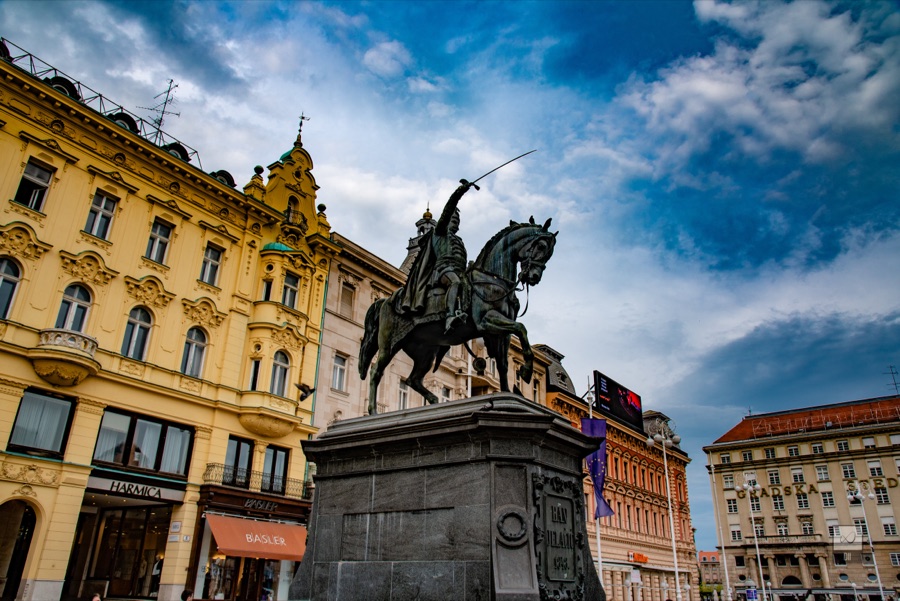 Ban Josip Jelačić on horseback, sabre raised, against a stormy sky