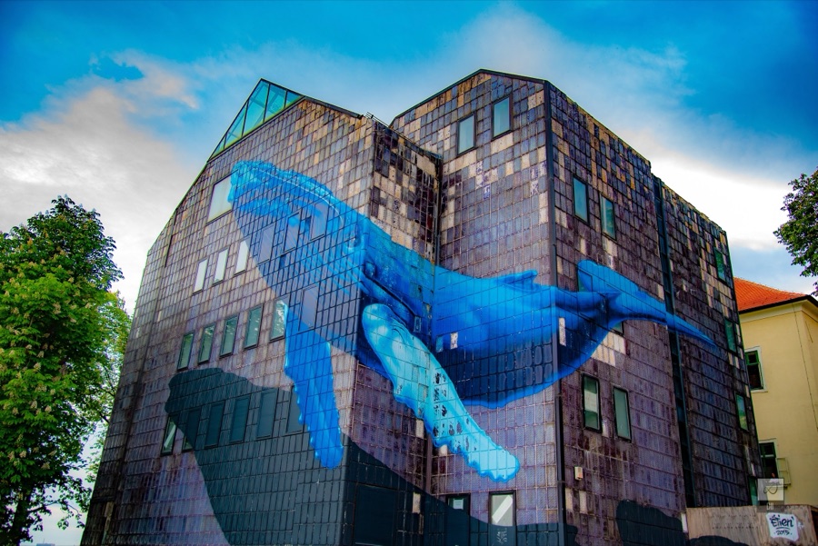 A tall building with a giant blue whale painted across its dark façade